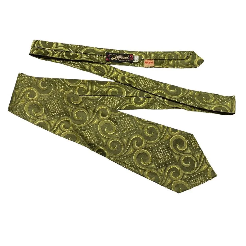 Vintage National Men's Tie Necktie Wide  Green Acetate Geometric MCM
